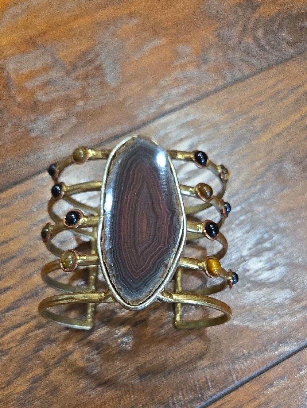 Bohemian Agate Statement Cuff Bracelet in Brown and Gold